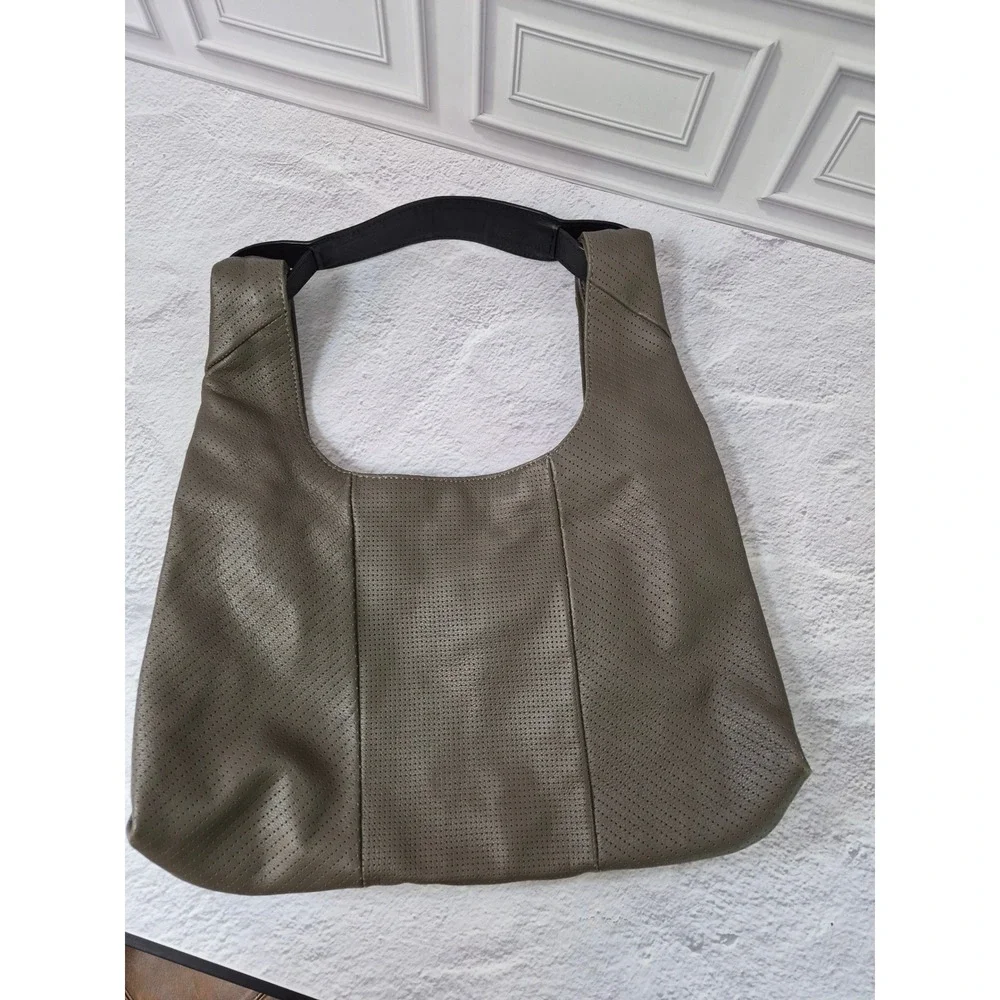 Splendid Hobo Bag Perforated Leather Shoulder Olive Taupe Slouchy Minimalist